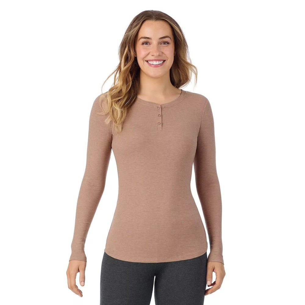 Cuddl Duds Stretch Rib Long Sleeve‎ Henley Pecan Brown Thermal Top XL NWT